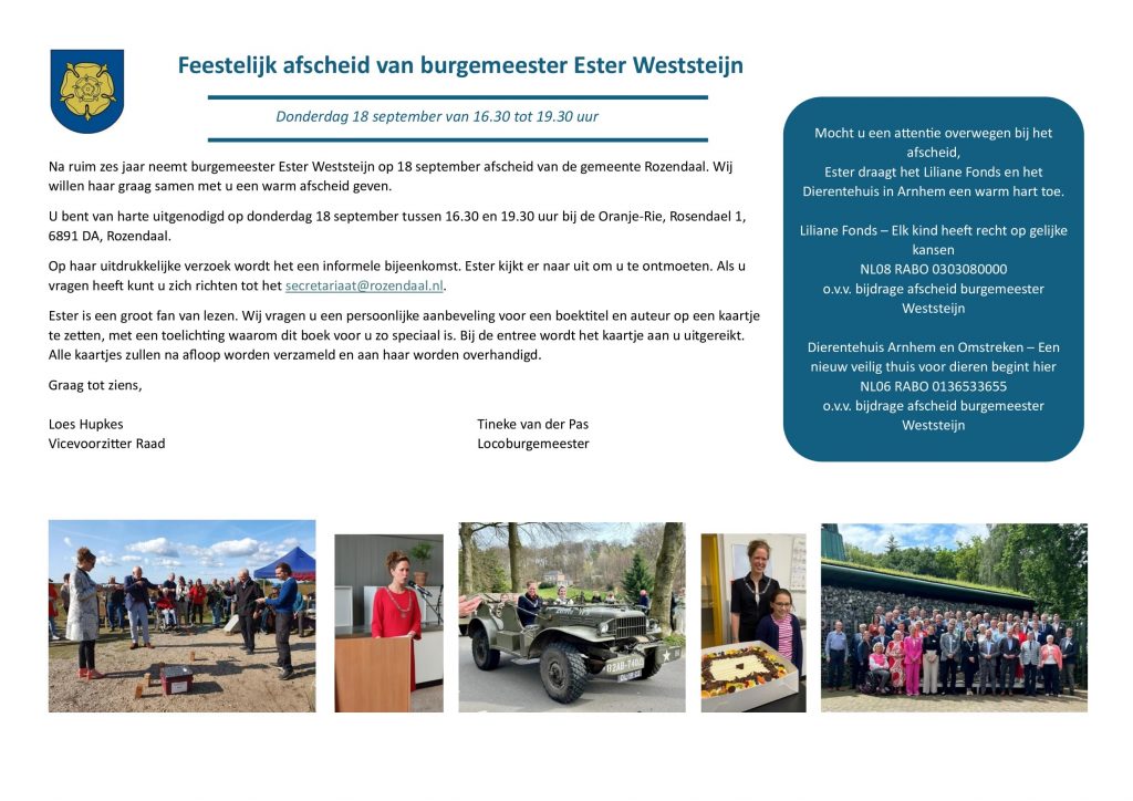 Uitnodiging afscheid burgemeester Ester Weststeijn op donderdag 18 september 2025 van 16.30 - 19.30 uur in de Oranje-Rie, Rosendael 1 te Rozendaal